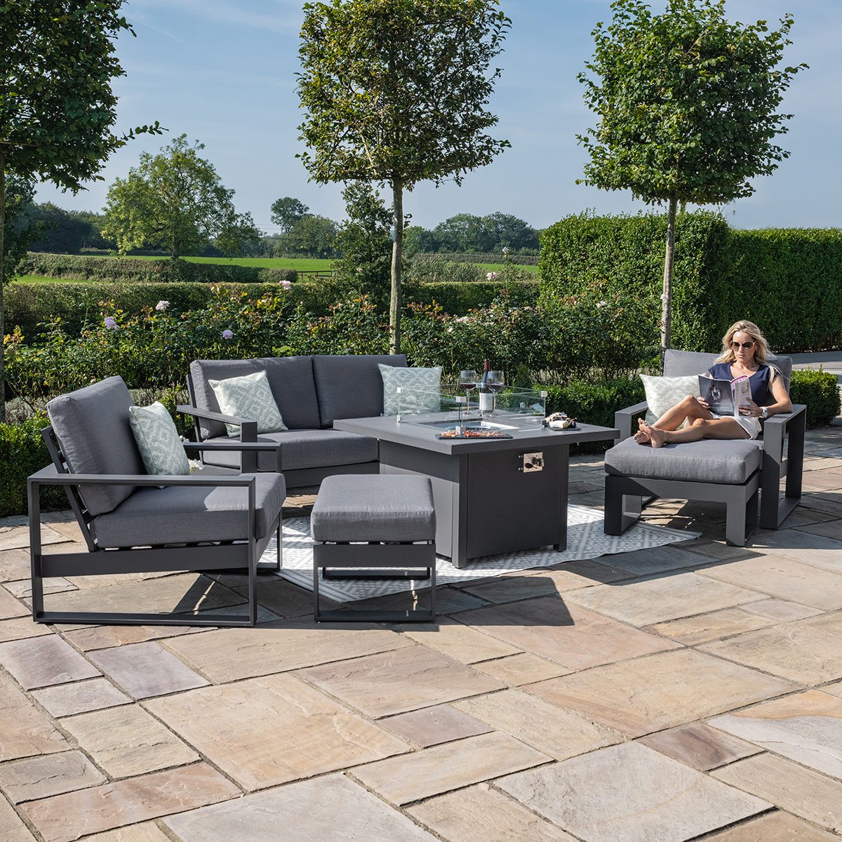 Maze Aluminium Amalfi 2 Seat Sofa Dining Set with Square Fire Pit