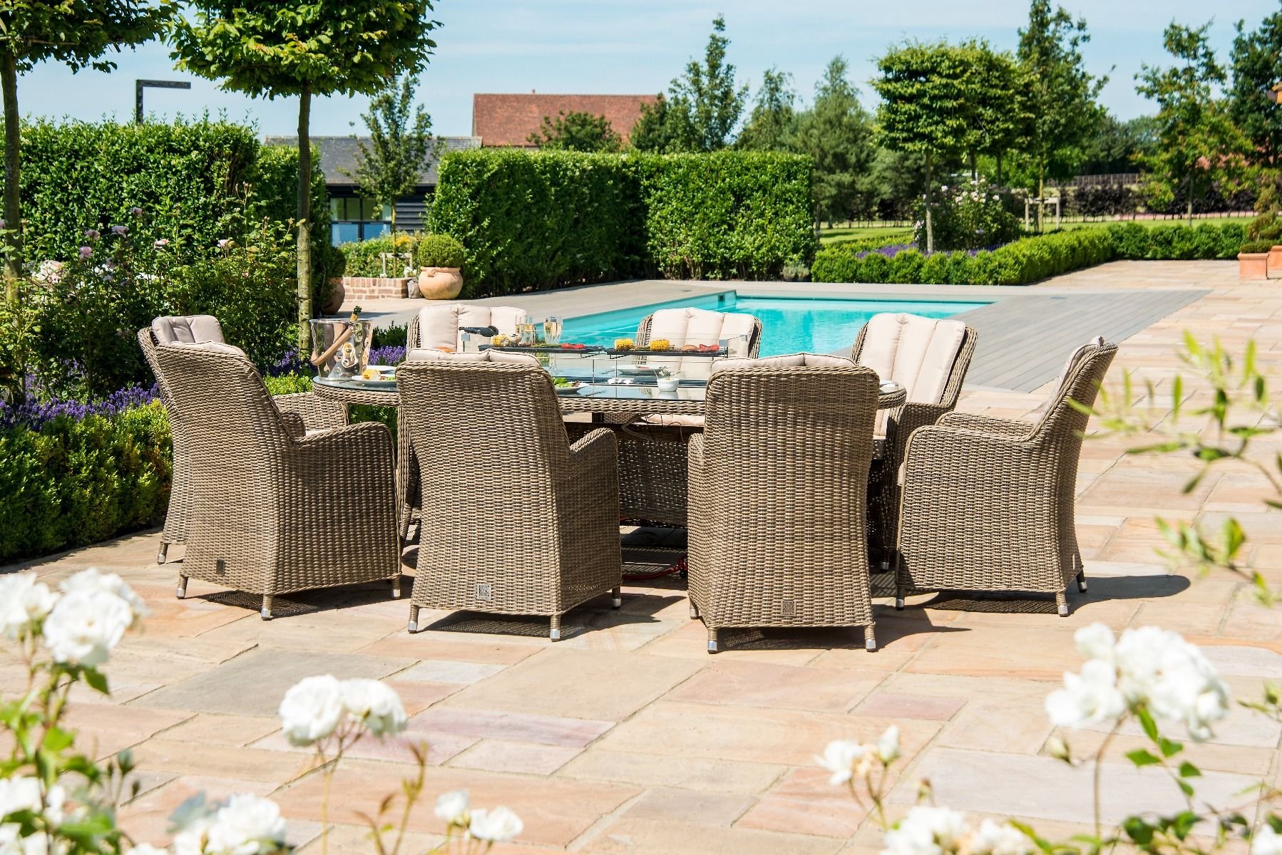 Maze Rattan Winchester 8 Seat Oval Fire Pit Dining Set With Venice