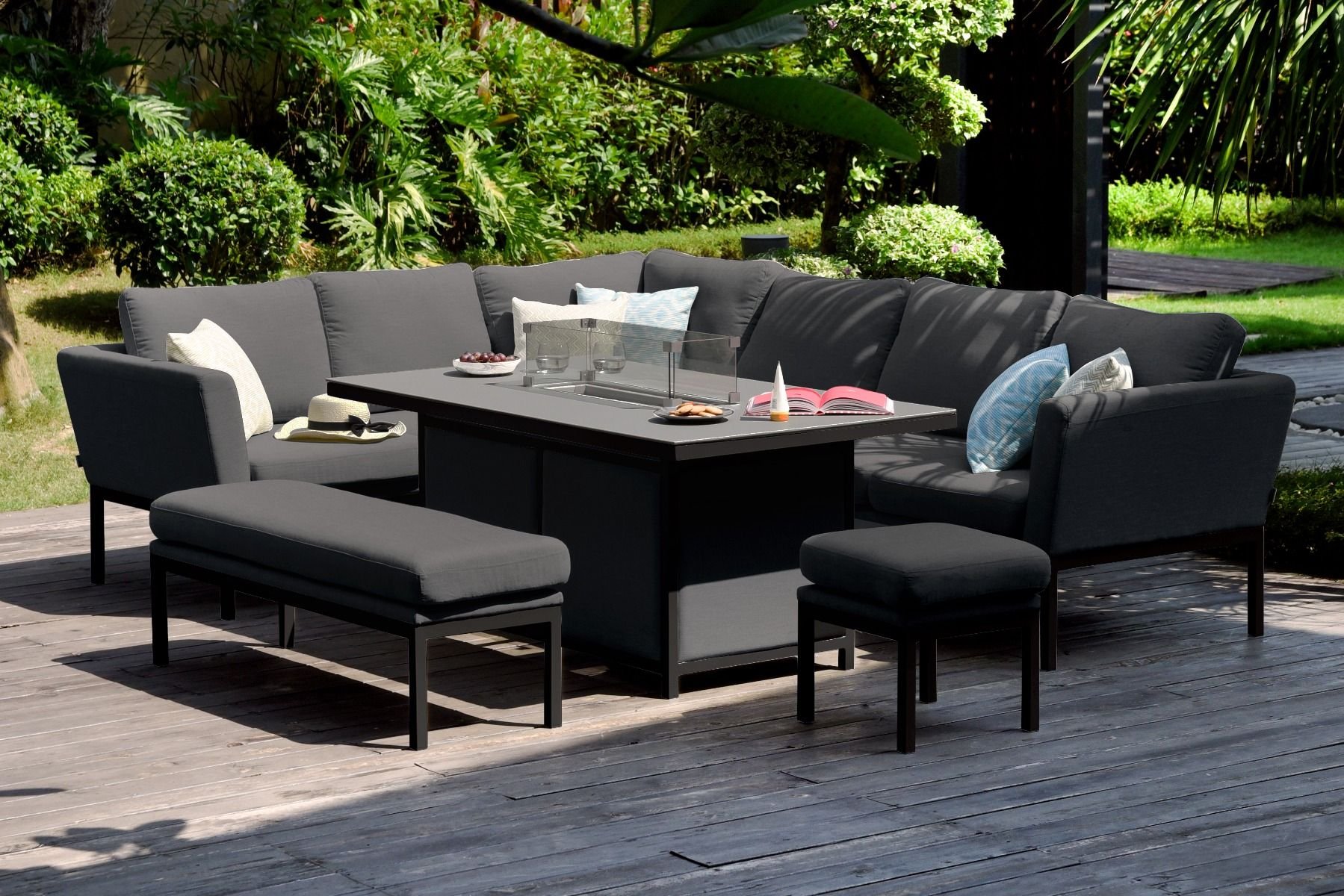 Pulse Rectangle Corner Dining Set With Fire Pit Charcoal The