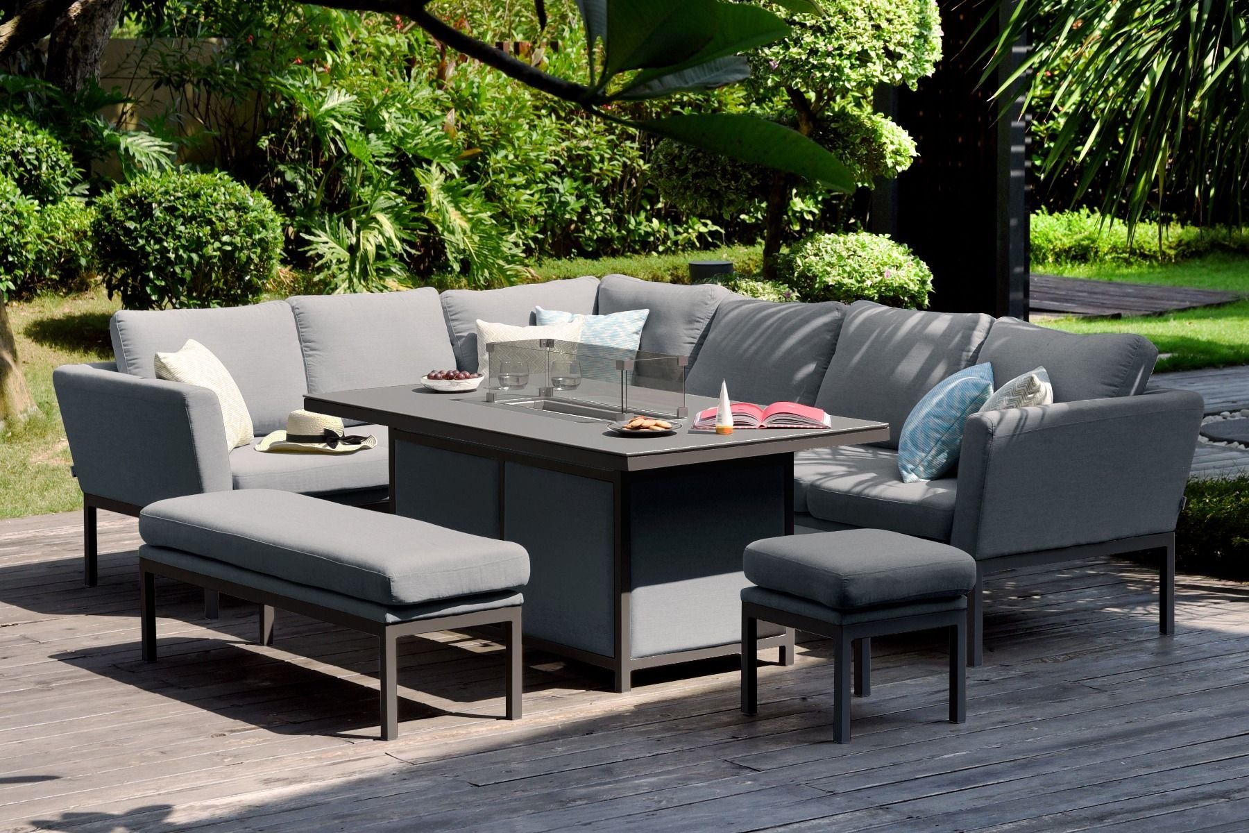 Pulse Rectangle Corner Dining Set With Fire Pit Flanelle The