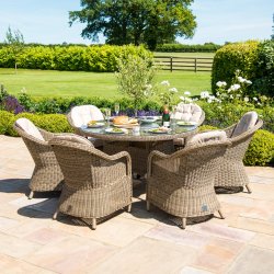 Maze Rattan Winchester 6 Seat Round Fire Pit Dining Set With Heritage Chairs and Lazy Susan