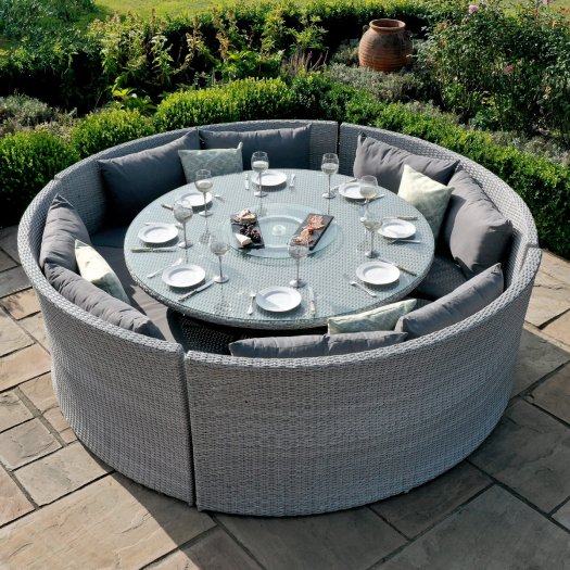 Maze Rattan Ascot Round Sofa Dining Set with Rising Table & Weatherproof Cushions
